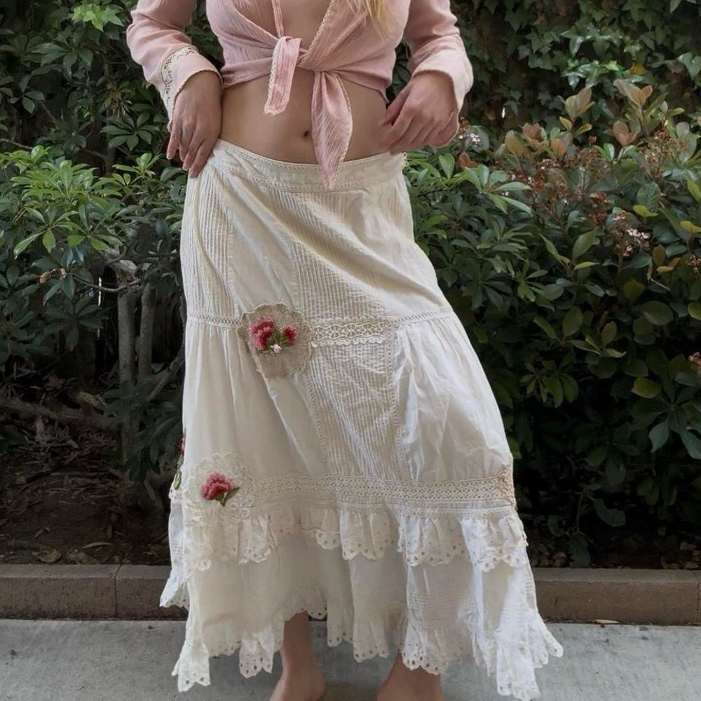 INC International Concepts Cream Maxi Floral Embroidered Skirt